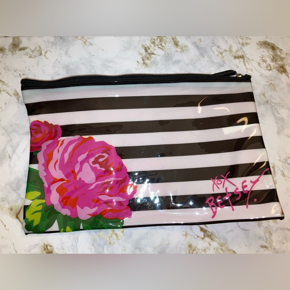 NEW Betsey Johnson Black and White Striped Floral Designer Cosmetic Bag
